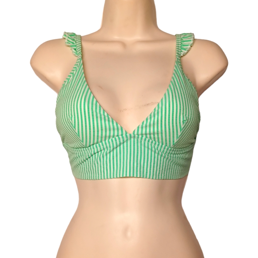 AERIE Bright Green White Thin Stripe Print Ruffle Triangle Bikini Top Medium - Picture 7 of 8